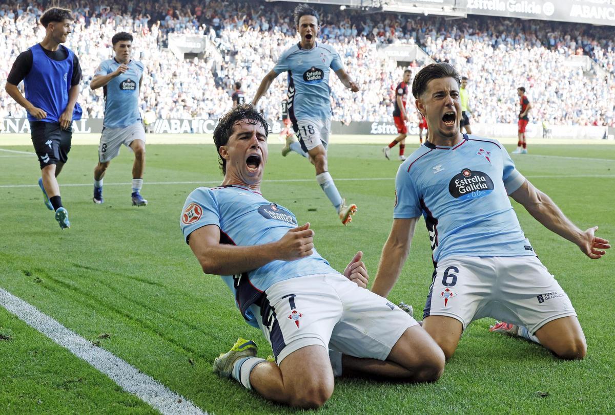 Celebración del Celta Fortuna por el segundo gol de Hugo González ante la Ponferradina en Balaídos.