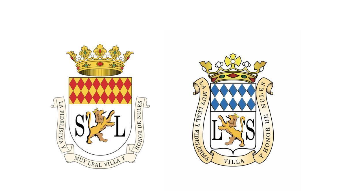 A la izquierda, el escudo oficial. A la derecha, el que se utilizaba hasta la fecha, pero que no estaba aprobado por el Consejo de Heráldica.