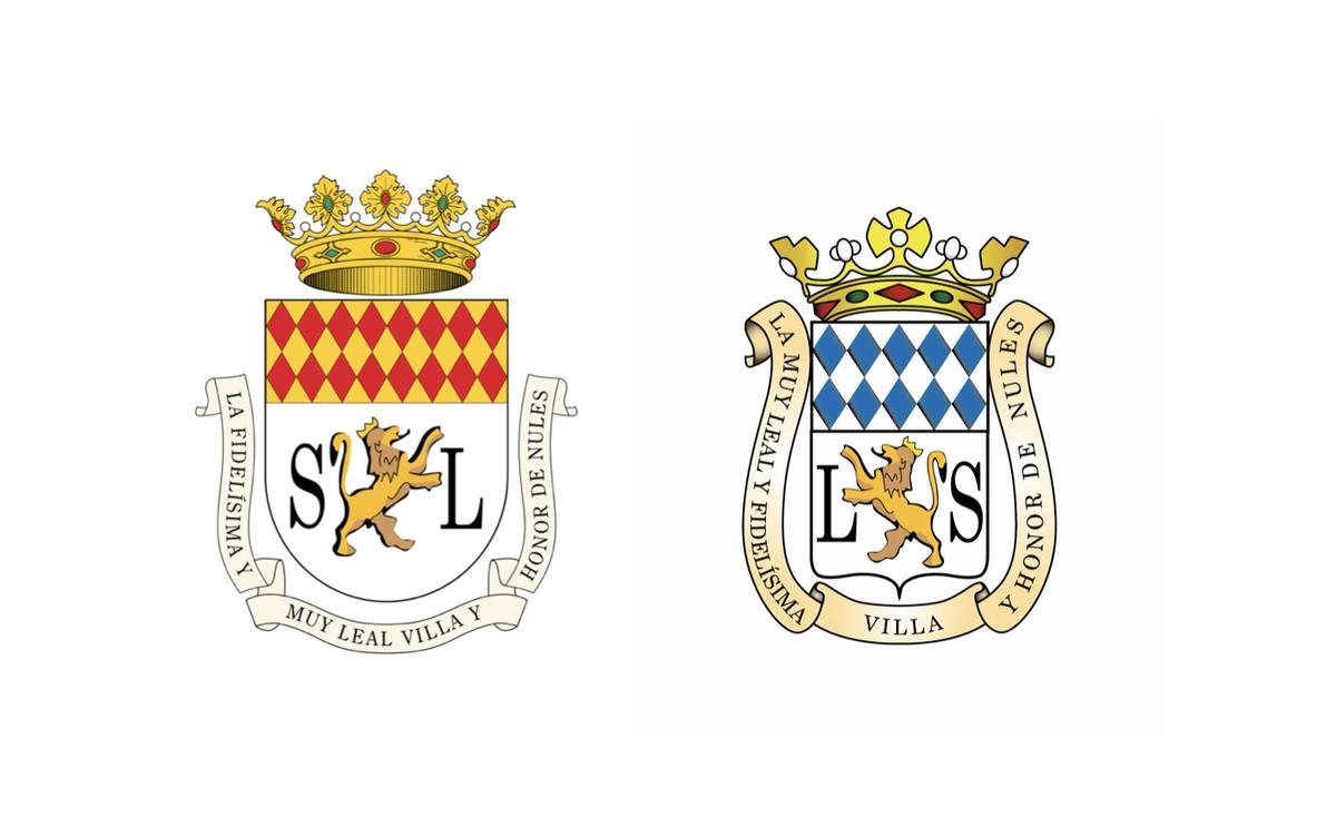 A la izquierda, el escudo oficial. A la derecha, el que se utilizaba hasta la fecha, pero que no estaba aprobado por el Consejo de Heráldica.