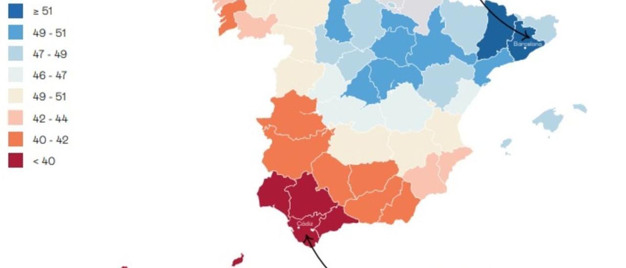 Un gráfico incluido en el informe que refleja con claridad la diferencia entre el noreste y el suroeste del Estado.