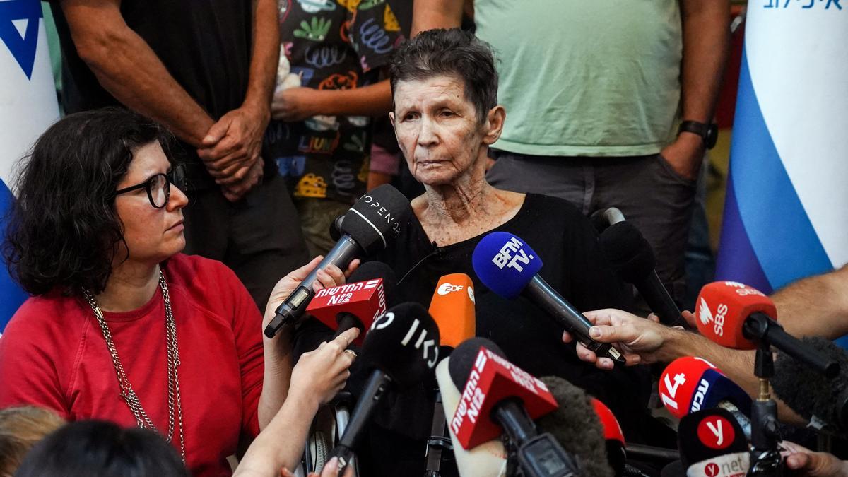 Lifshitz, an Israeli grandmother who was held hostage in Gaza, speaks to members of the press after being released by Hamas militants, at Ichilov Hospital in Tel Aviv, Israel