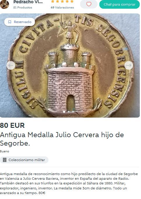 Venden en Wallapop la la medalla que Segorbe regaló al comandante Julio Cervera con motivo de la ‘anexión’ del Sahara.
