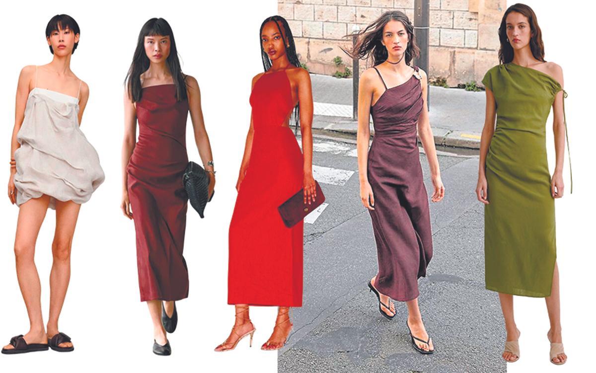 1. Vestido de Adolfo Domínguez en tono beis y volumen escultórico. 2. Massimo Dutti y su vestido midi en tono chocolate. 3. Rojo intenso combinado con un diseño limpio de Reformation. 4. Zara, en tono granate profundo, entre naturalidad y sofisticación. 5. Mango con un diseño que estiliza.