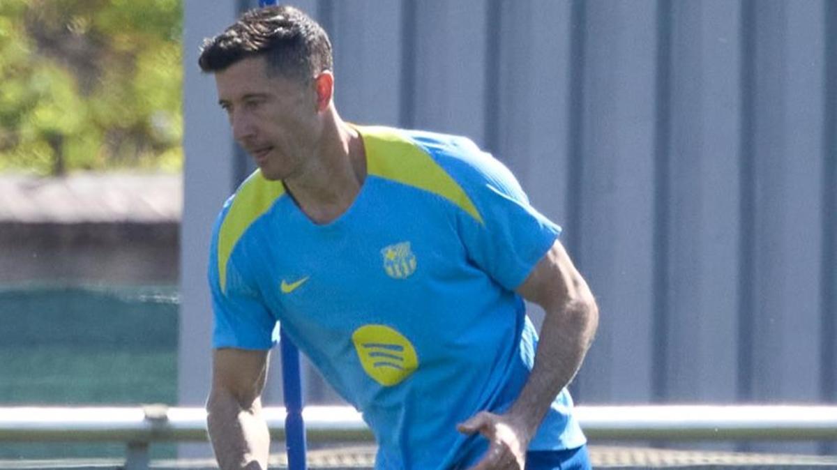 Lewandowski, en el entrenamiento previo al partido ante el Espanyol