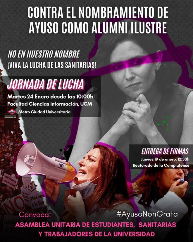 Cartel de la manifestación contra el nombramiento de la presidenta de la Comunidad, Isabel Díaz Ayuso, como alumna ilustre de la UCM.