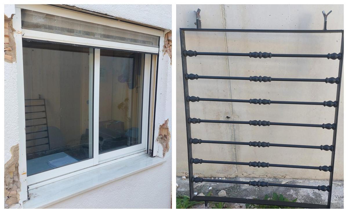 A la izquierda, la ventana por la que entraron los ladrones. A la derecha, la reja que descolgaron en la residencia de Bixquert.