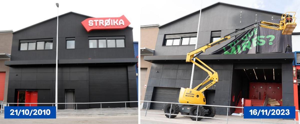 Primer dia d'obertura d'Stroika, a l'esquerra, i una imatge recent del cartell &quot;I tu, què mires?&quot; que substitueix al logotip de la sala, a la dreta