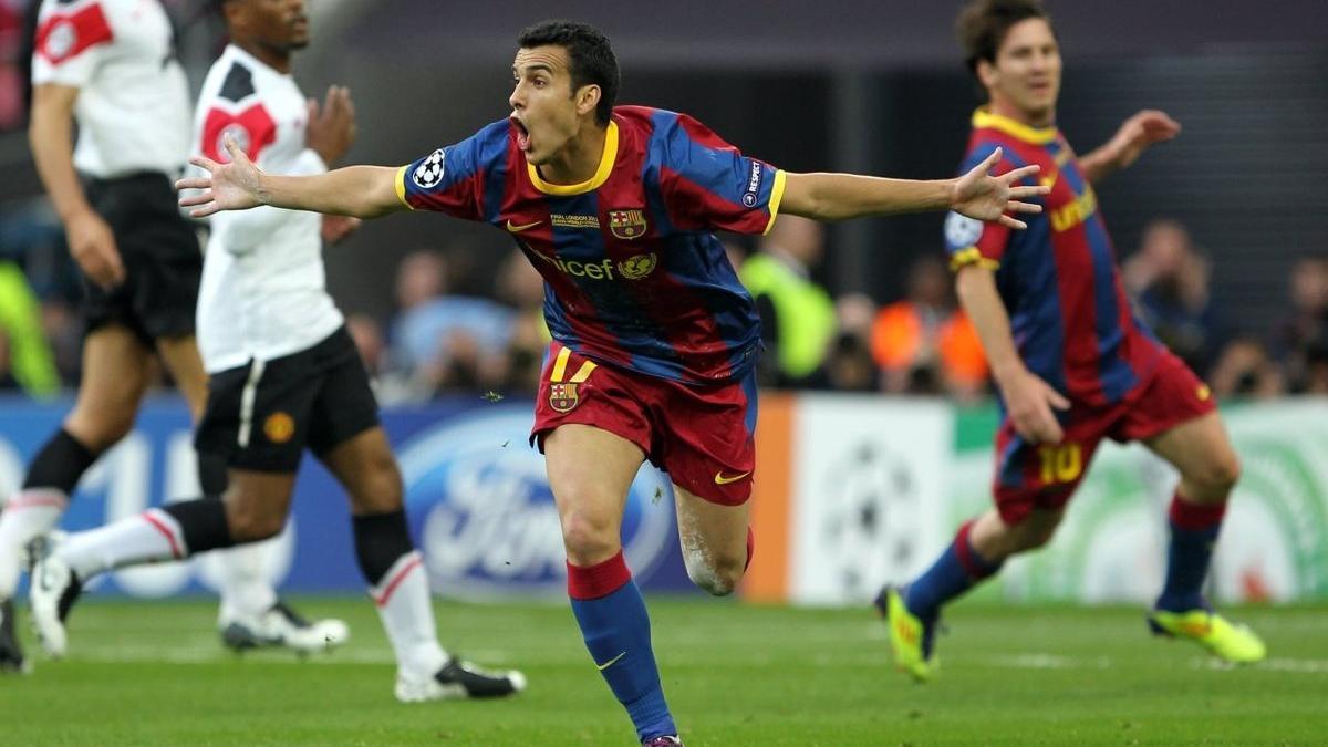 Pedro celebrando el gol de la Champions en 2011 con el barça