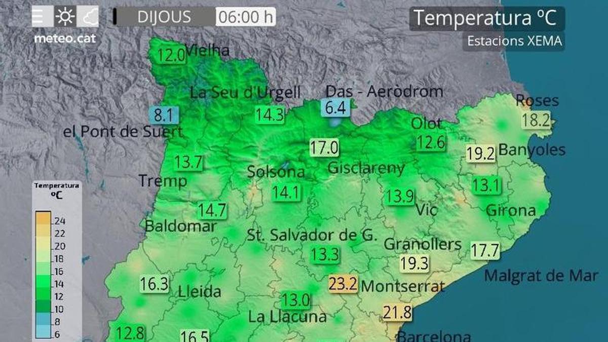 Mapa de temperatures de Meteocat a Catalunya aquest dijous a les 6 del matí, amb valors molt més baixos a la major part del país que a Portbou-coll dels Belitres