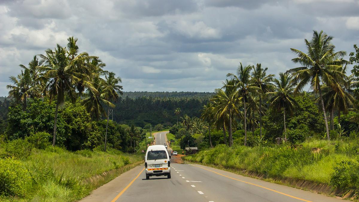 Las carreteras de Mozambique atraviesan paisajes tropicales de palmeras y vegetación exuberante camino de la costa.