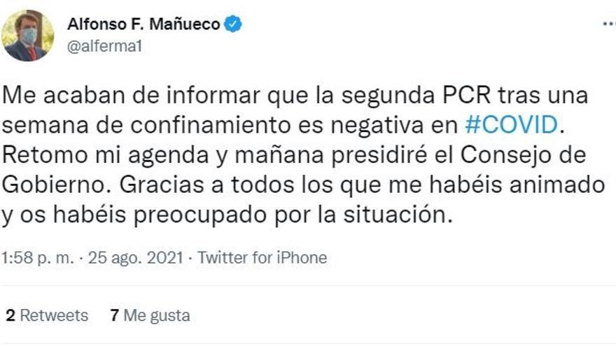 El Tweet del presidente de la Junta de Castilla y León.