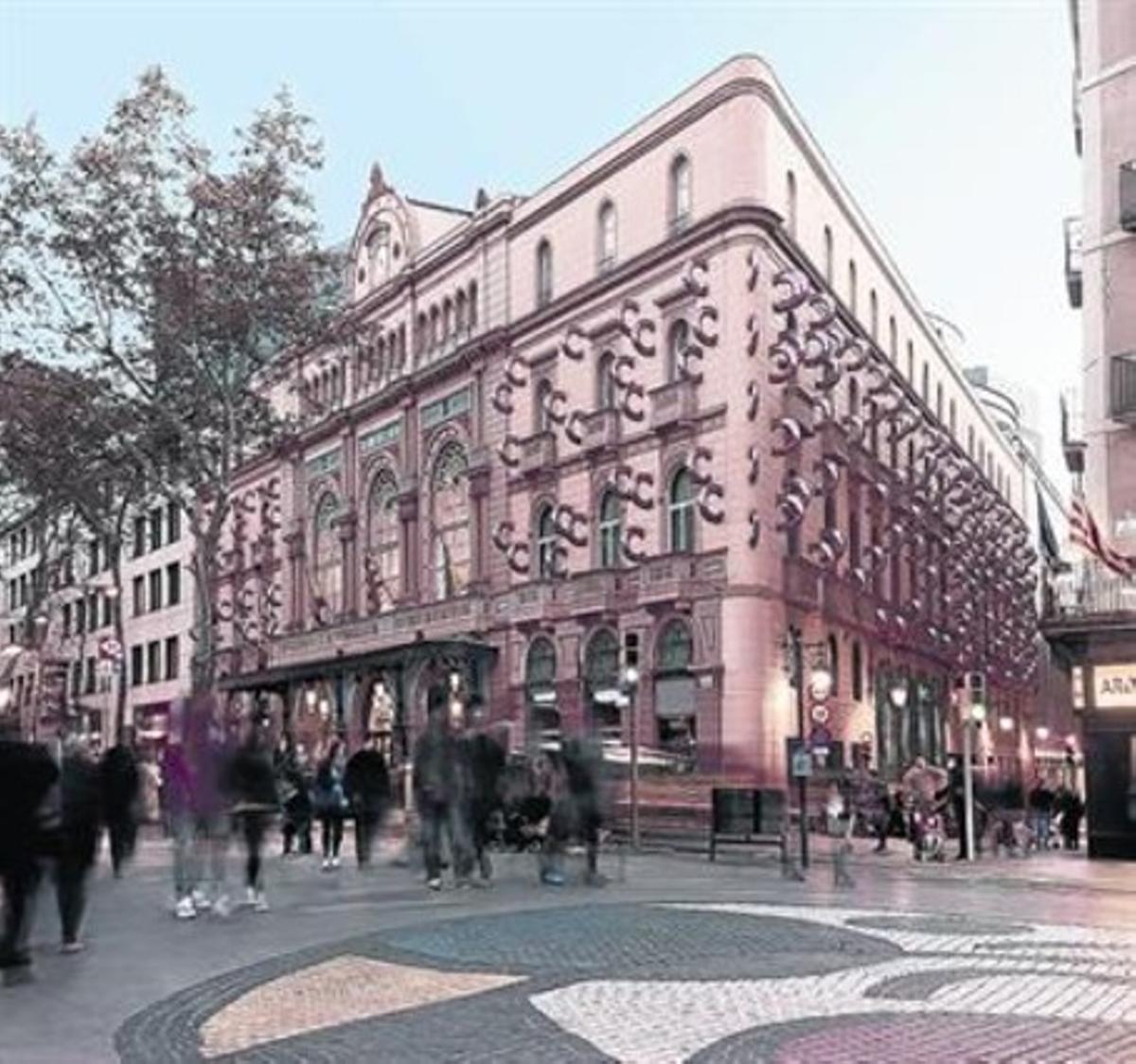 En las dos parejas de fotos, a la izquierda, la imagen virtual del proyecto de Frederic Amat para la fachada del Liceu (la principal de La Rambla y la lateral de Sant Pau), y a la derecha, su aspecto actual.