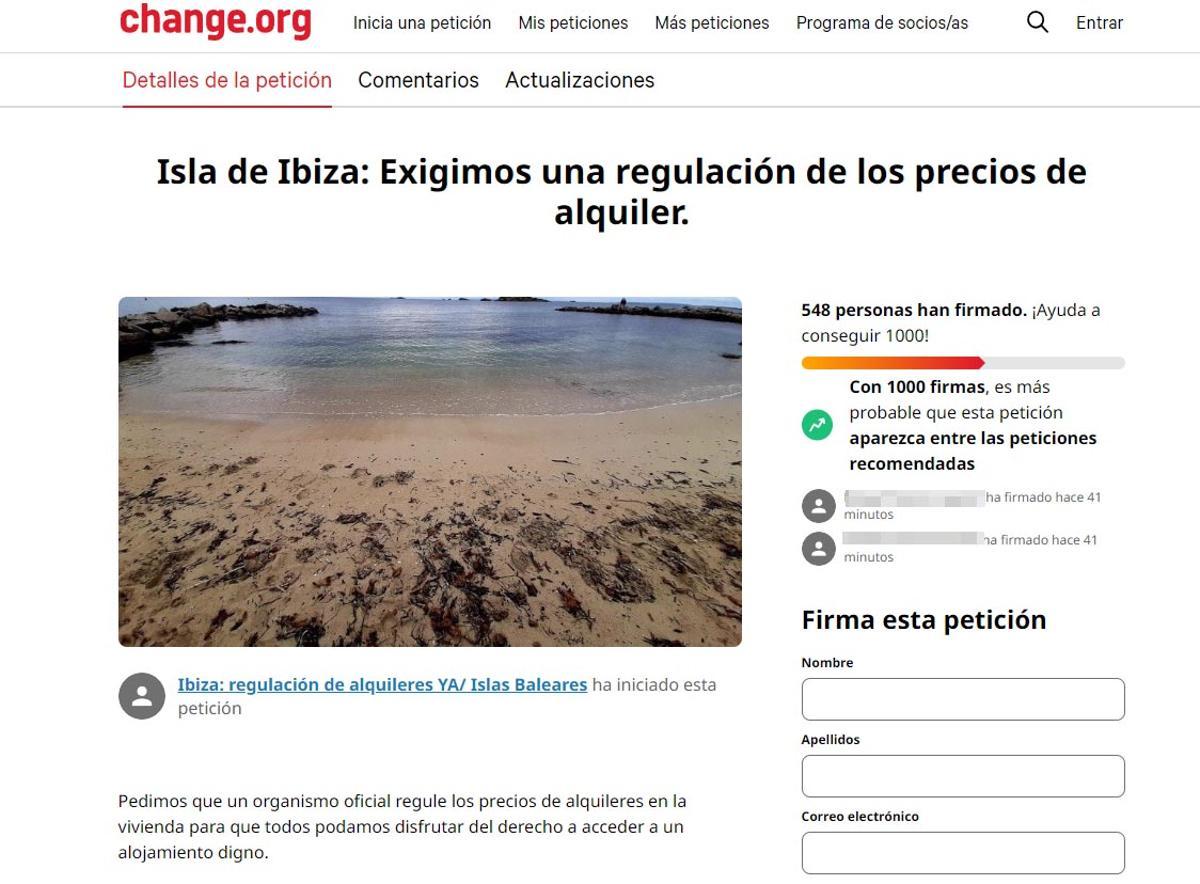 Petición en change.org &quot;Isla de Ibiza: Exigimos una regulación de los precios de alquiler&quot;.