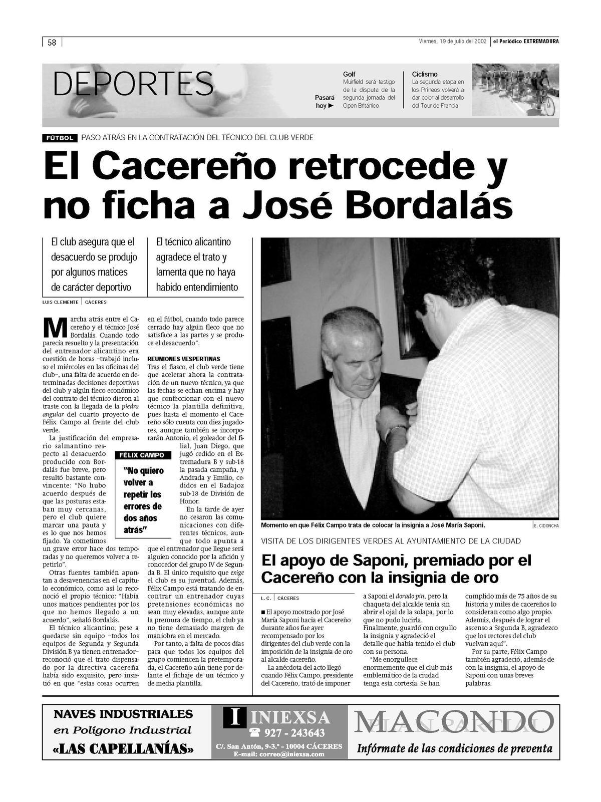 Página en El Periódico Extremadura del 19 de julio de 2002.