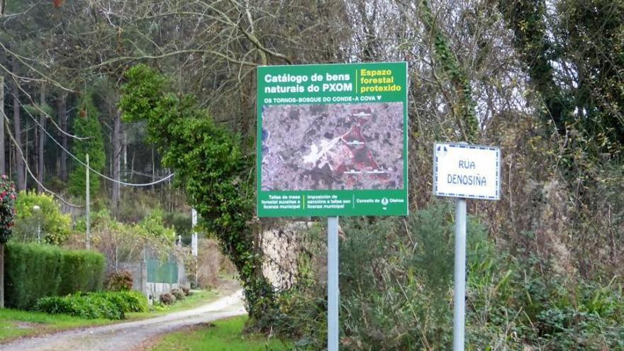 Sendero en una de las entradas al nuevo bosque forestal público; y cartel indicativo en otro acceso por rúa Denosiña.
