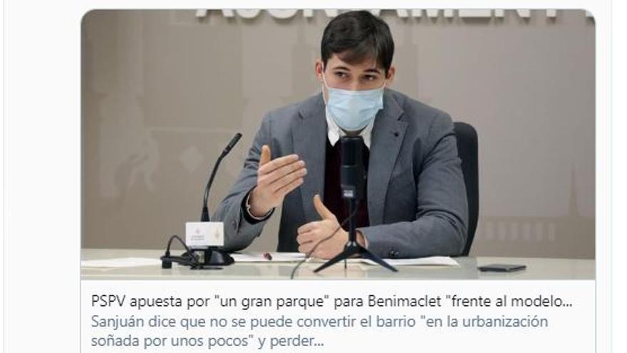 Captura del twiter oficial de Valencia Turisme con la imagen de Borja Sanjuán y la noticia sobre el PAI de Benimaclet.