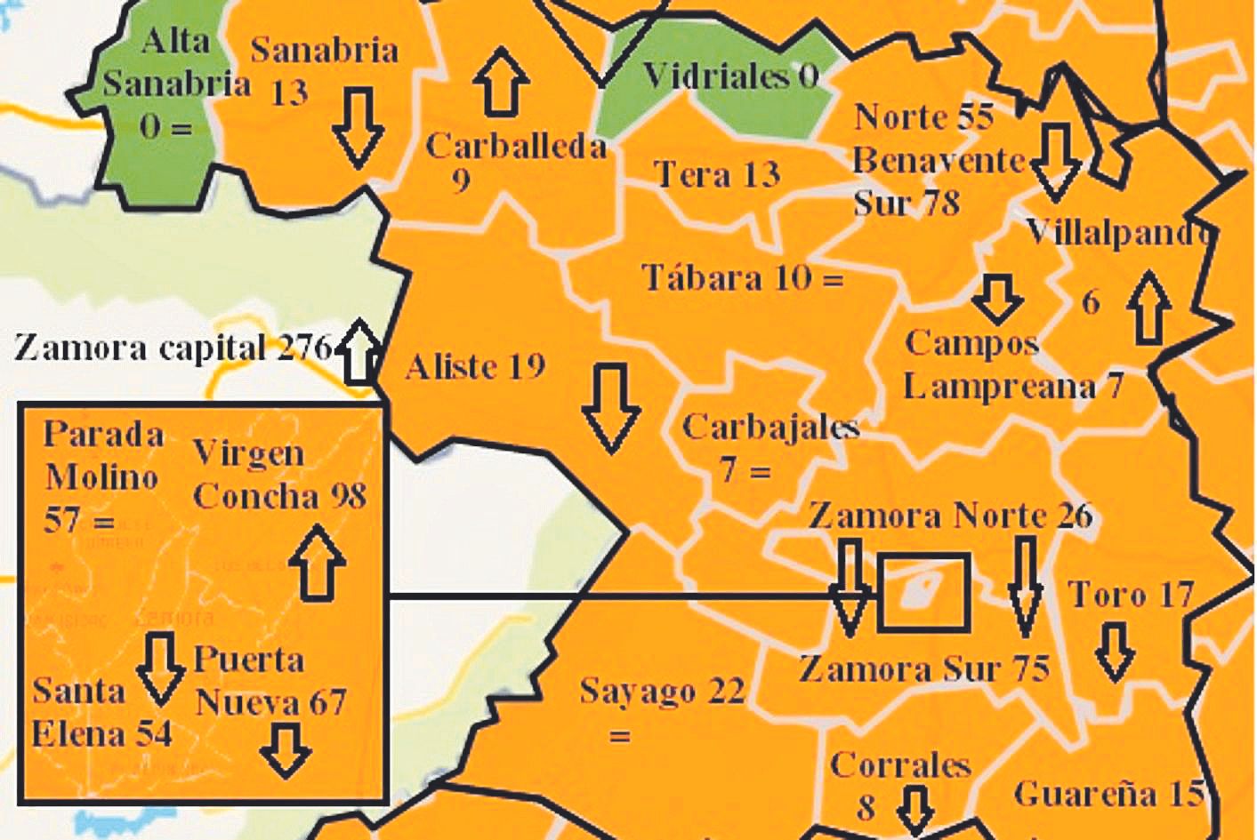 Mapa de contagios COVID en la última semana en las zonas básicas de salud.