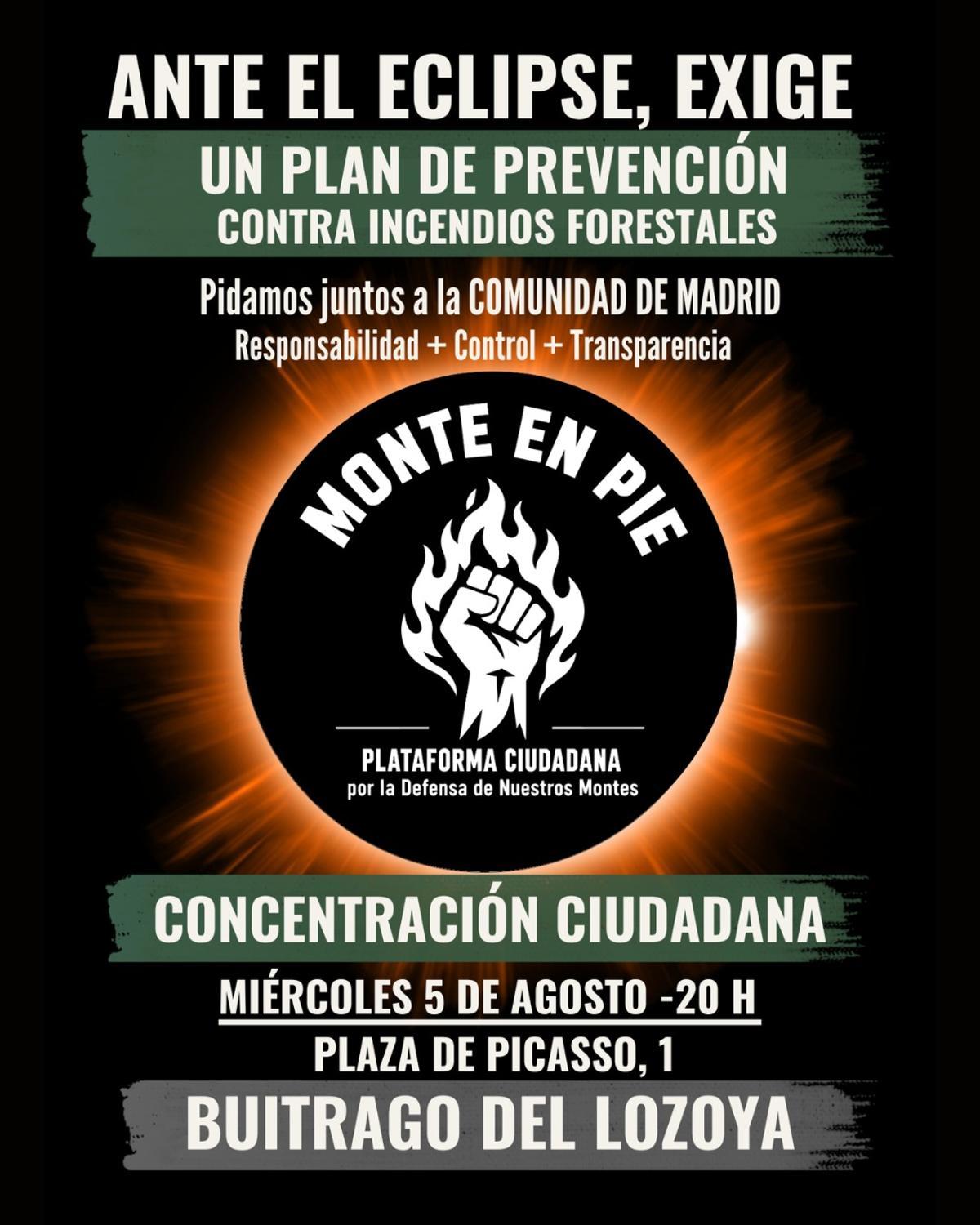 Cartel de la concentración convocada por Monte en Pie en Buitrago del Lozoya.