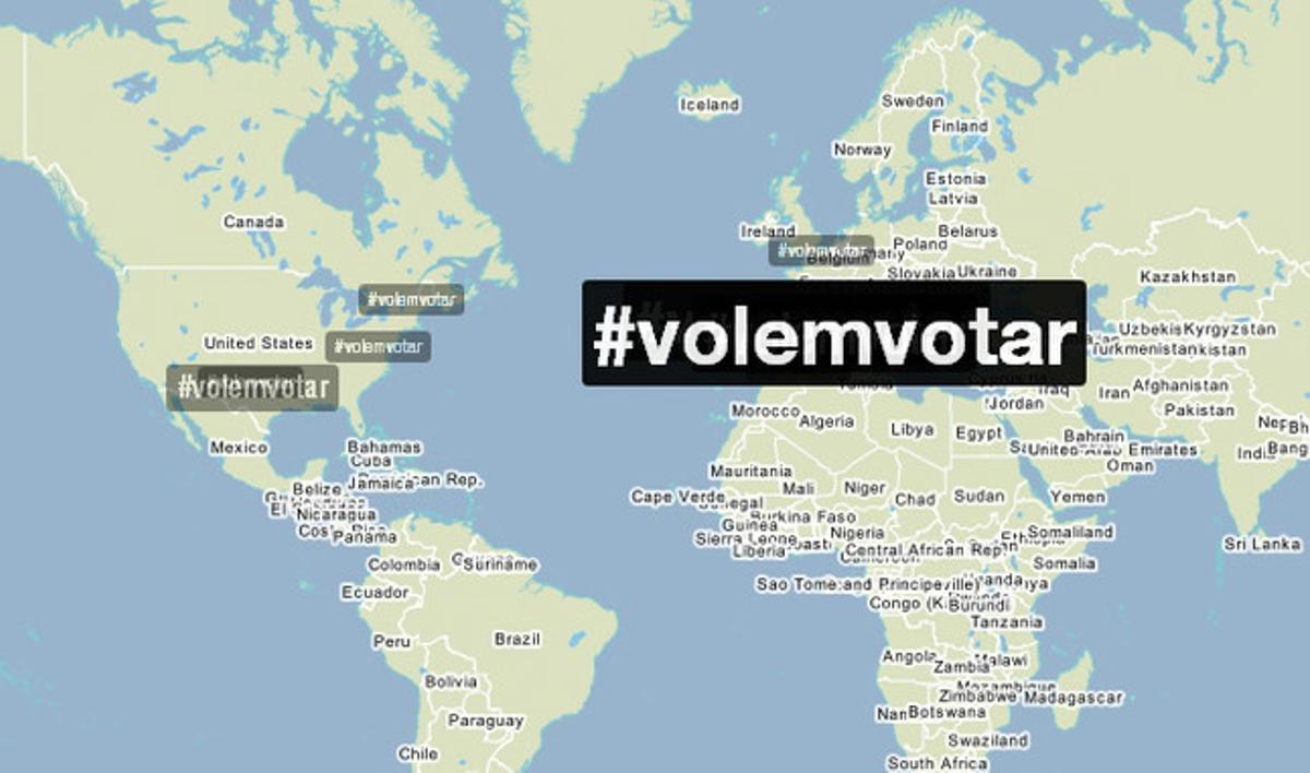 Mapa d’utlització del hashtag #volemvotar al món