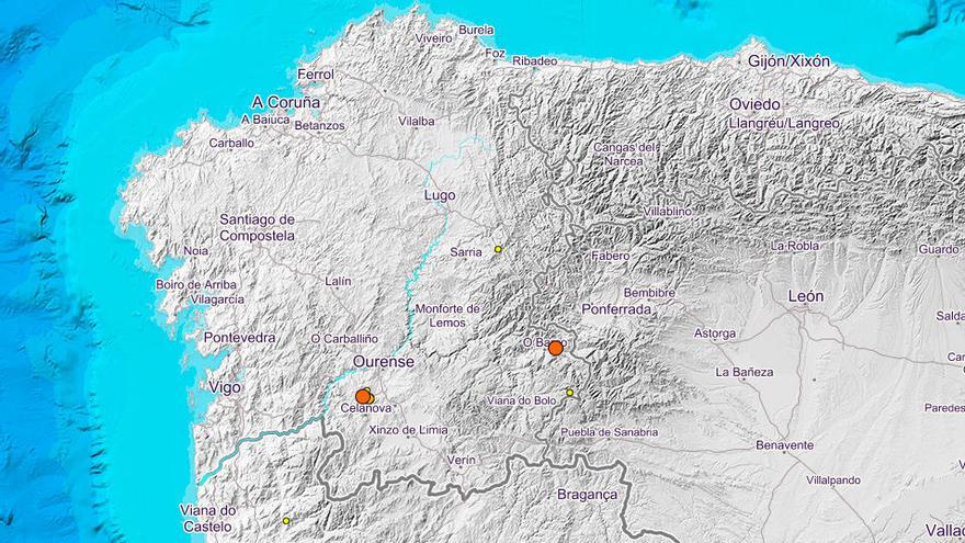 Mapa de terremotos en la provincia de Ourense correspondientes a los últimos días. // IGN