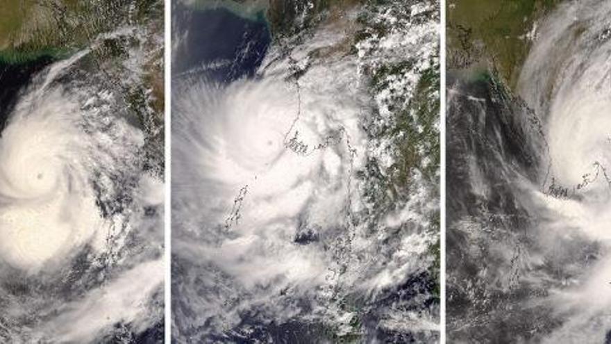 Imagenes tomádas desde un satélite por la Nasa en las que se puede ver el paso del ciclón Nargis por la antigua Birmania.