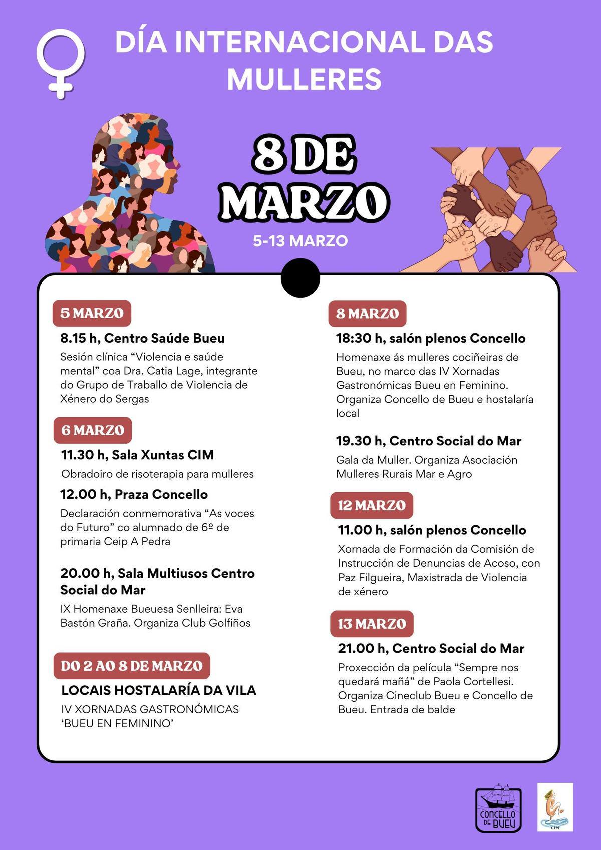 El cartel con la programación del 8-M del Concello de Bueu.