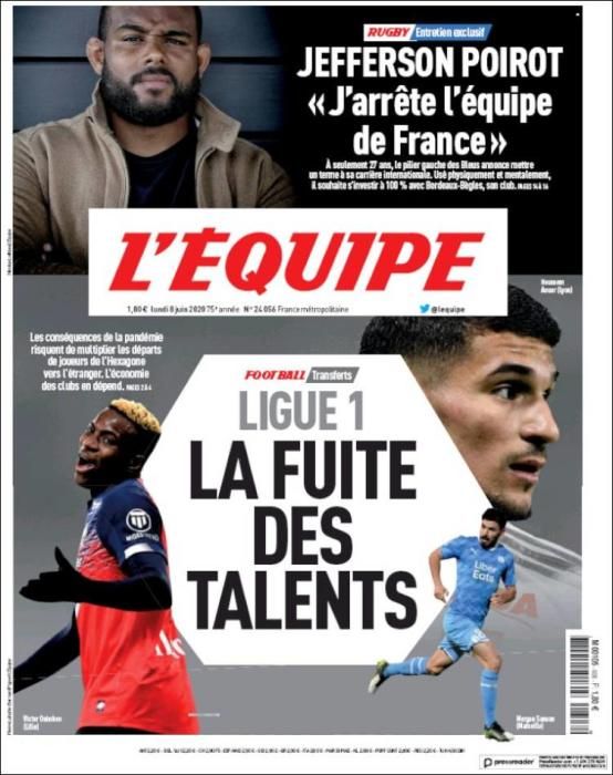 Portada L'ÉQUIPE lunes 8 junio 2020