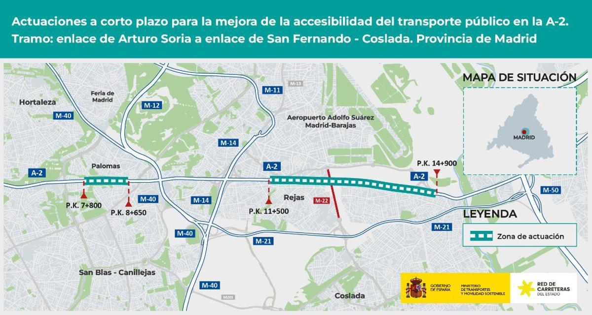 Obras para mejorar la accesibilidad del transporte público en la A-2, entre el enlace de Arturo Soria y el enlace de San Fernando - Coslada