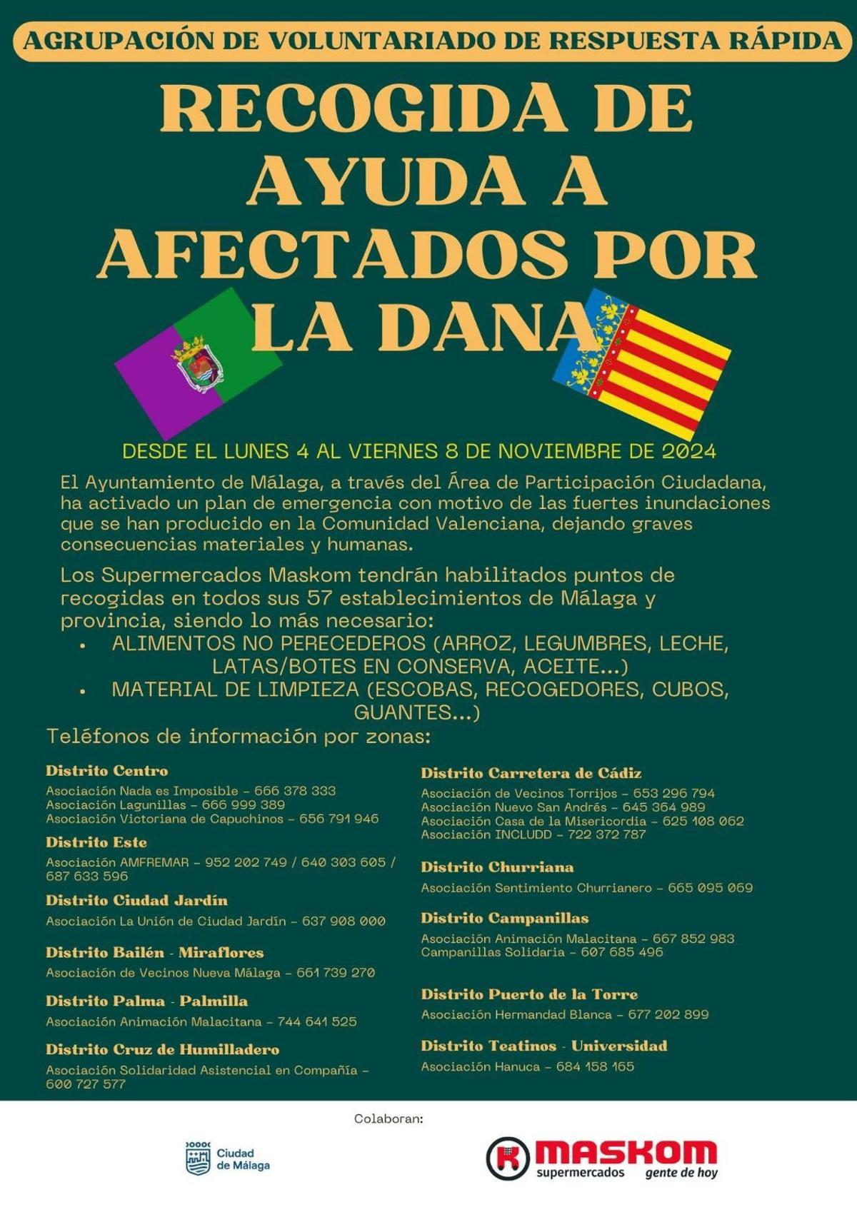 El Ayuntamiento de Málaga activa dos vías de recogida de alimentos y productos para damnificados por la DANA