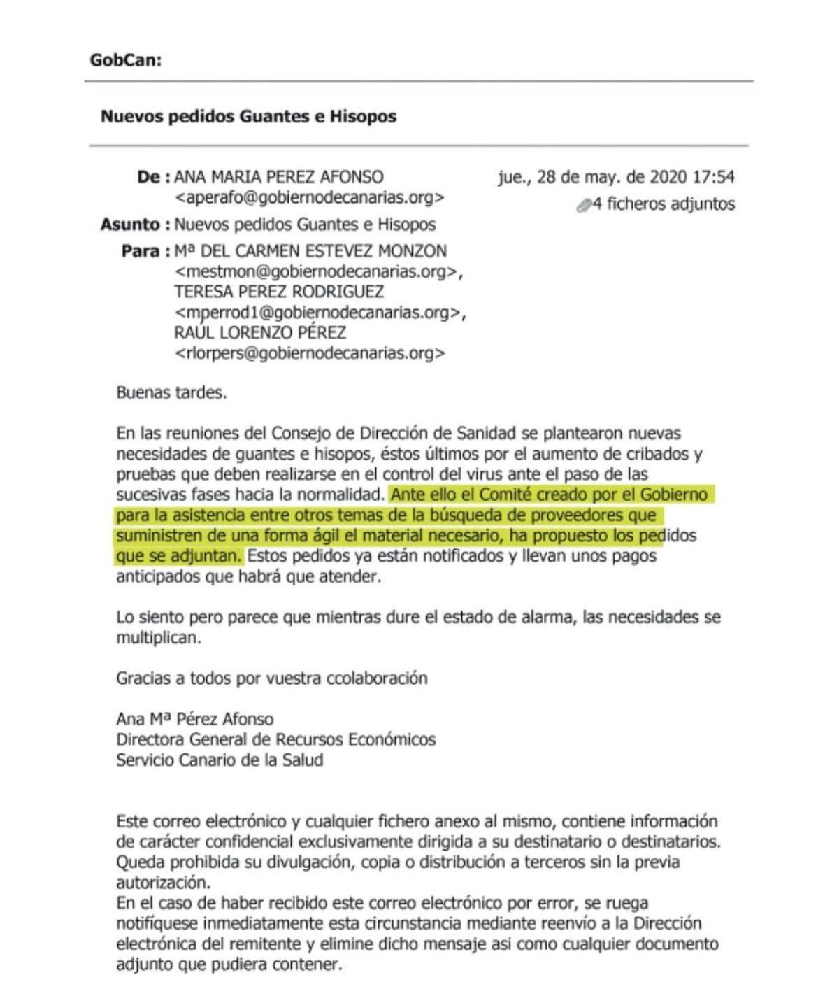 Hilo de correos entre el SCS y Damco. Estos correos confirman que el comité presidido por Ángel Víctor Torres propuso comprar material sanitario a Damco.