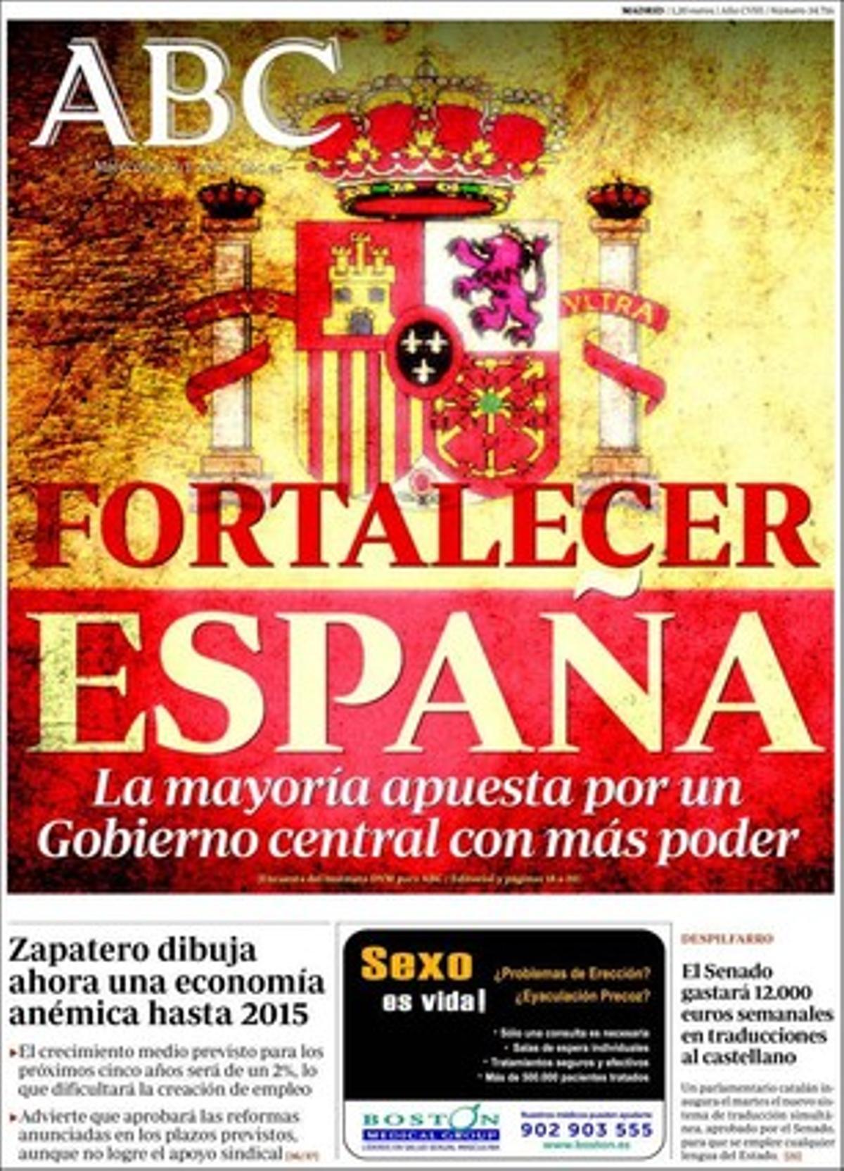 ’Abc’ dóna més rellevància al fet que la crisi deixa al descobert la debilitat financera de l’Estat de les autonomies. També que cau l’informàtic amb la clau dels arxius secrets d’ETA, i que Interior dóna corda a Batasuna per verificar si hi ha ’via Otegi’. De Catalunya destaca que el Govern redueix per primera vegada el seu pressupost, però manté les ambaixades.