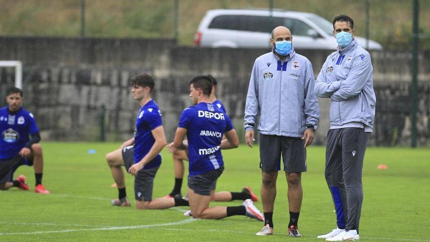 Valerón, junto a Manuel Pablo, en un entrenamiento del Fabril.