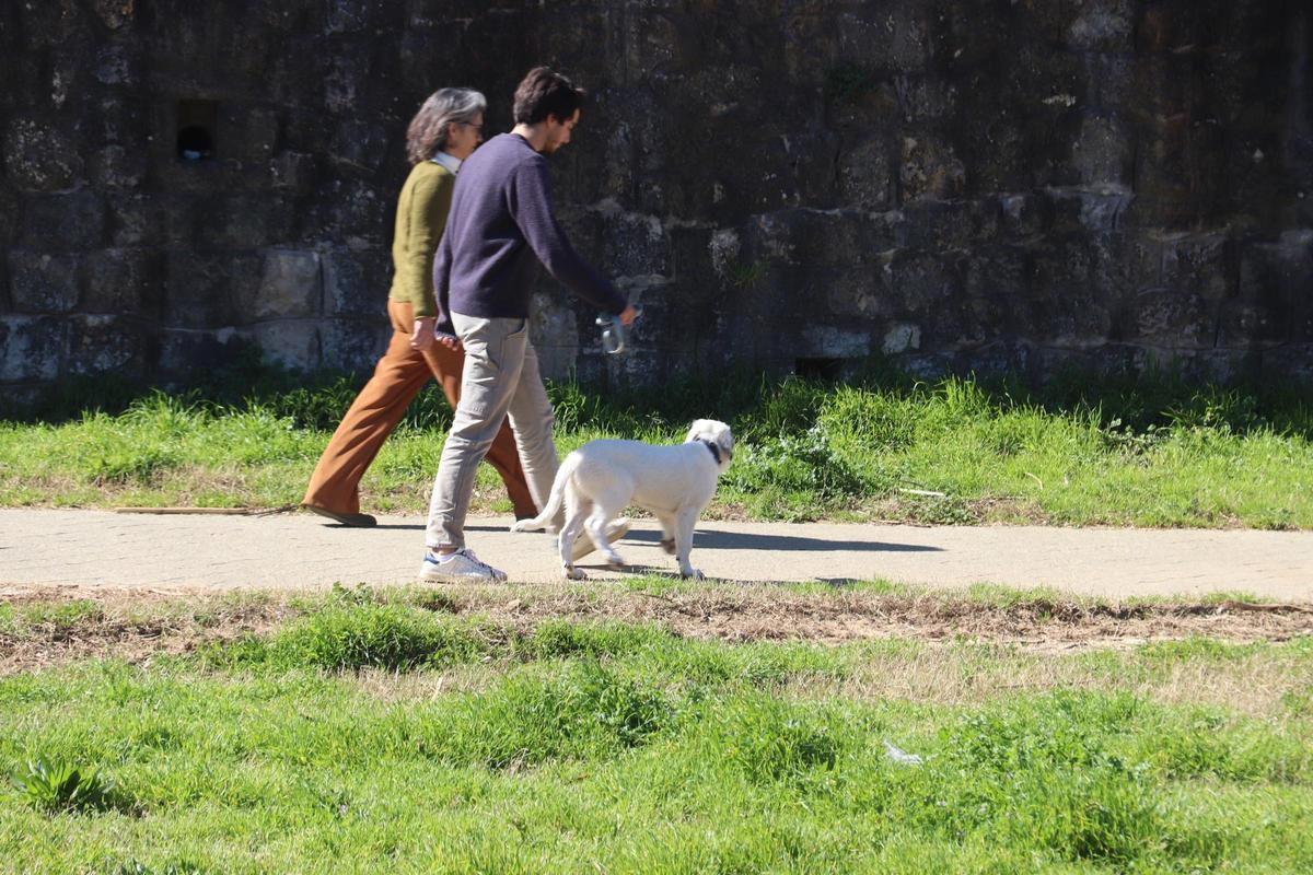 Dues persones passegen un gos a la llera del riu Onyar de Girona