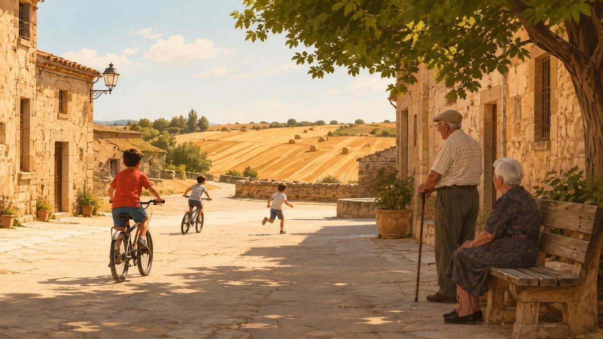 Abuelos y niños en bicicleta en los pueblos