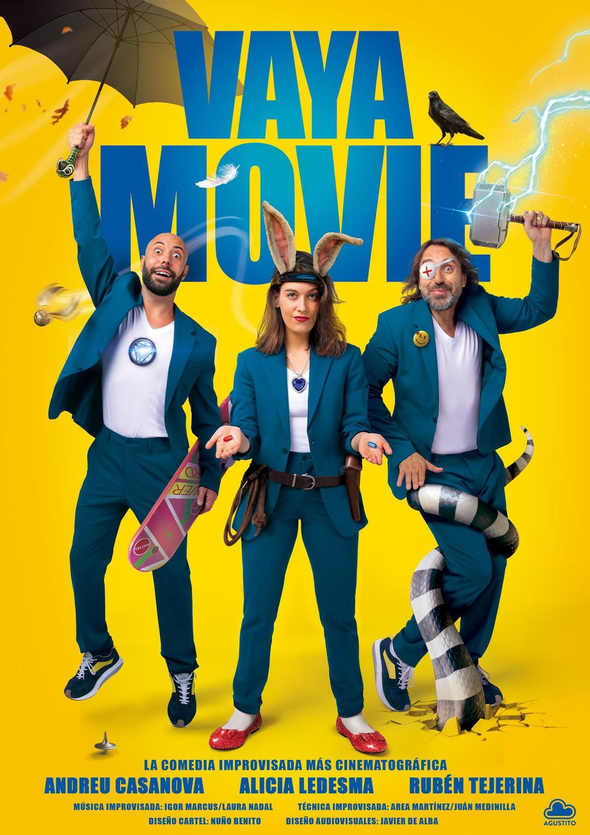 El cartel promocional de 'Vaya Movie' con los tres actores que forman la compañía permanente en Madrid, Andreu Casanova, Alicia Ledesma y Rubén Tejerina.