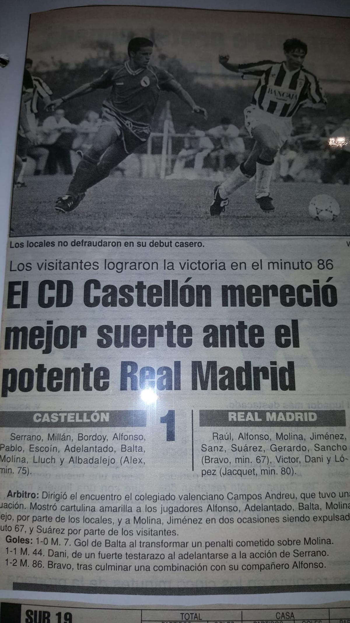 El recorte de periódico del histórico juvenil del CD Castellón de las temporadas 1991/92 y 1992/93, durante un partido ante el Real Madrid.
