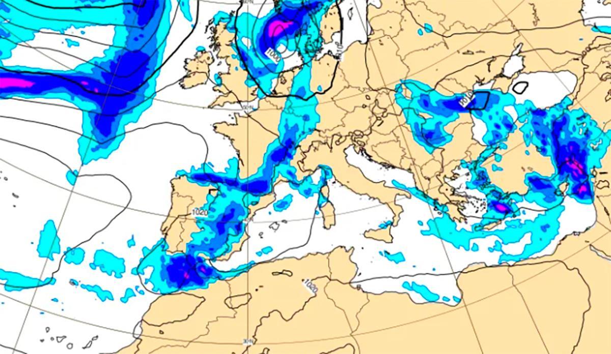 Mapa de ECMWF con lluvias y presión media a nivel del mar el domingo.