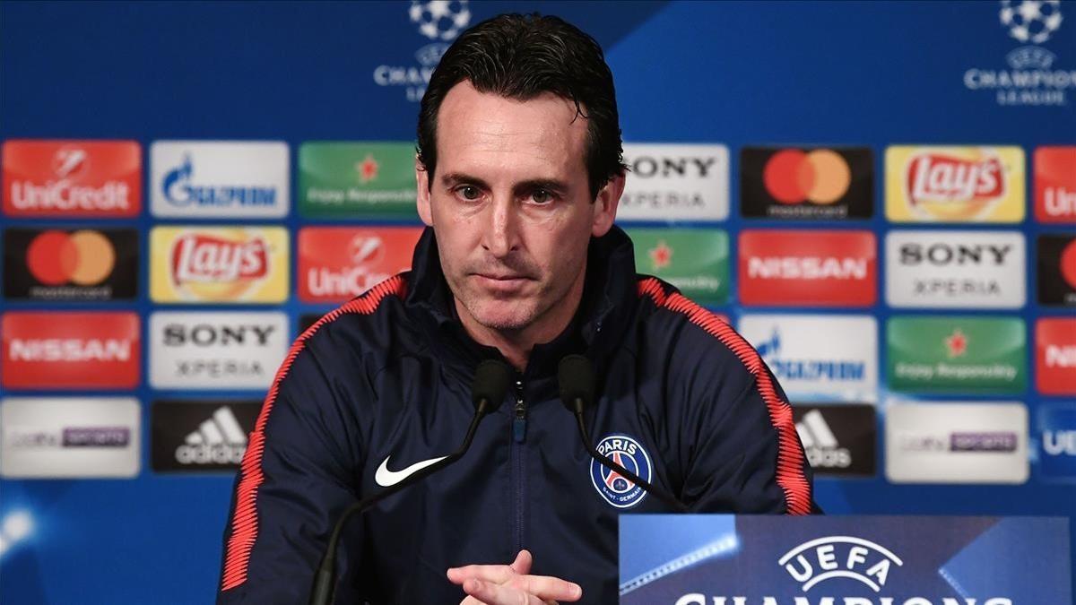 Unai Emery, durante la rueda de prensa de este lunes en París