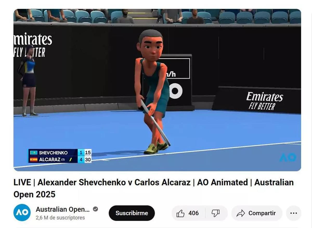 Captura de pantalla de la emisión en directo del Australian Open durante el partido de Carlos Alcaraz.