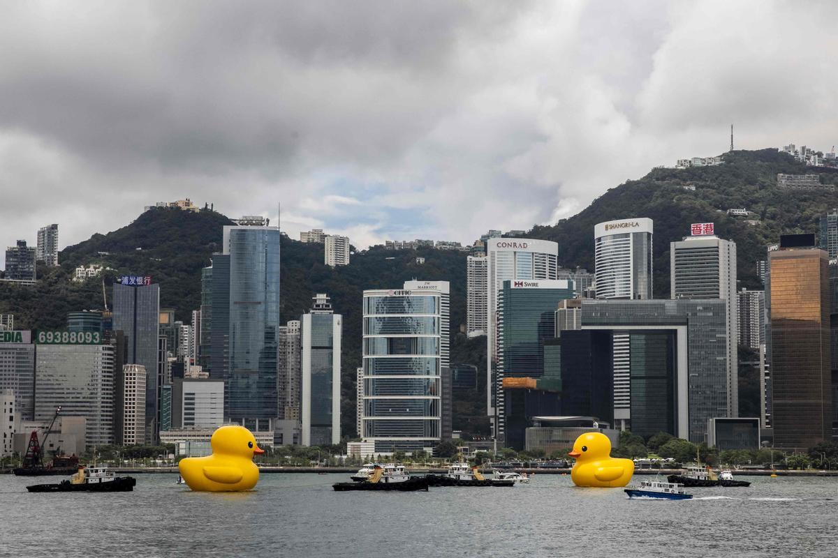 Los patos de goma del artista Florentijn Hofman, en el puerto de Hong Kong