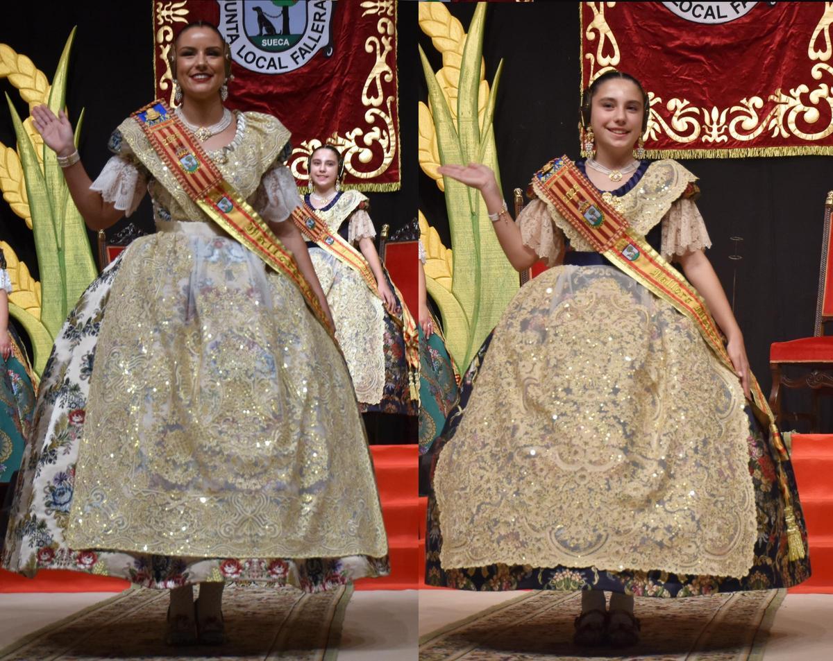 Las nuevas falleras mayores de Sueca, ya con la banda, en el acto celebrado en el centro cultural Bernat i Baldoví.