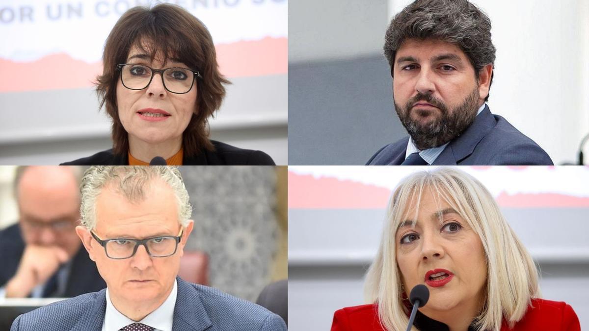 Teresa Fuentes (CC OO), Paqui Sánchez (UGT), Fernando López Miras y Juan José Pedreño.