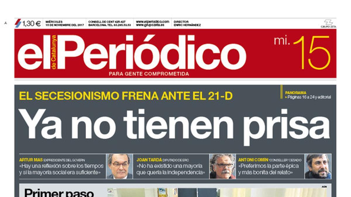 La portada de EL PERIÓDICO del 15 de noviembre del 2017.