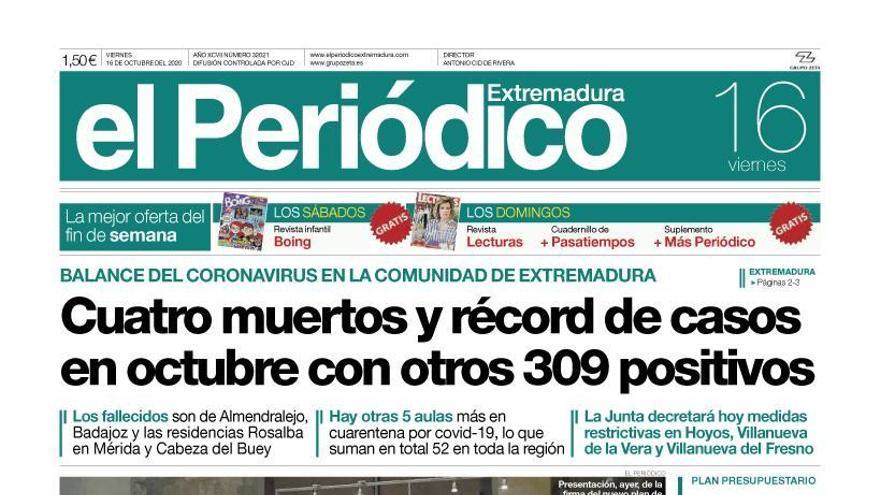 Esta es la portada de EL PERIÓDICO EXTREMADURA correspondiente al día 16 de octubre del 2020