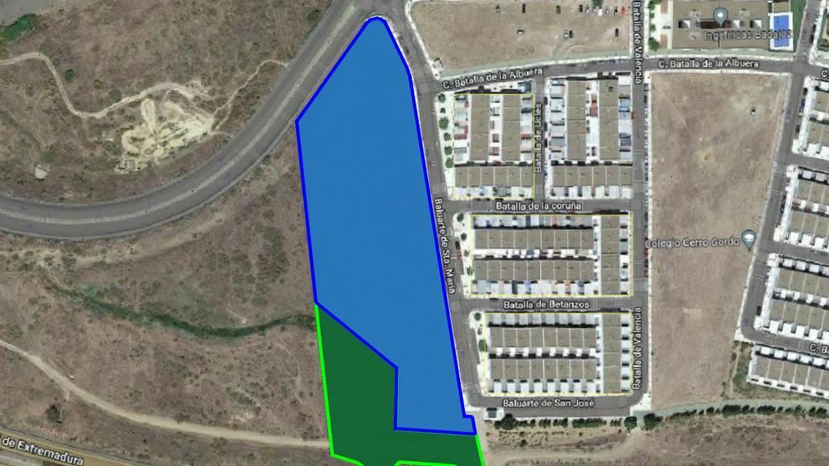 Plano de la parcela dotacional para el instituto de Cerro Gordo (azul) y la zona verde que se quiere anexionar (verde).