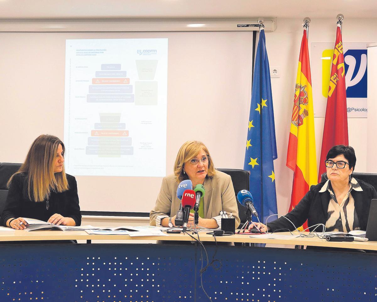 Elena Navío, María Fuster y Pilar Larraz ofrecieron este lunes una rueda de prensa en la sede del Colegio Oficial de Psicología para presentar la propuesta.