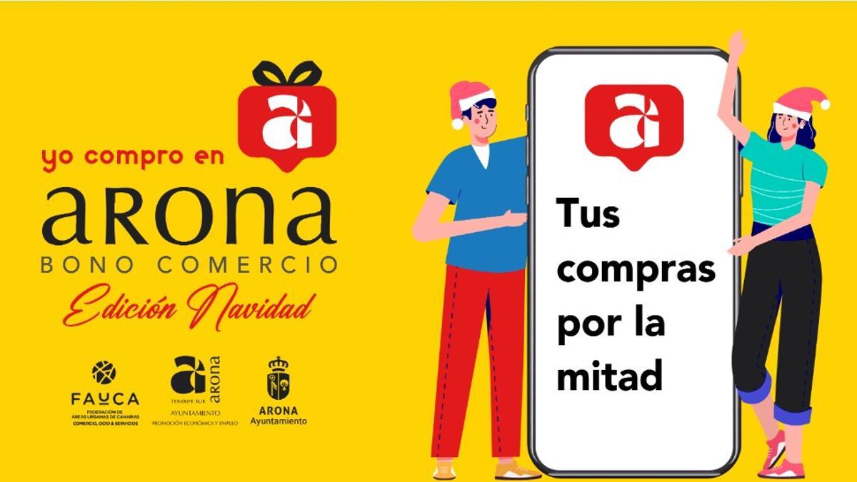 Cartel anunciador de la campaña de bonos comercio en Arona.