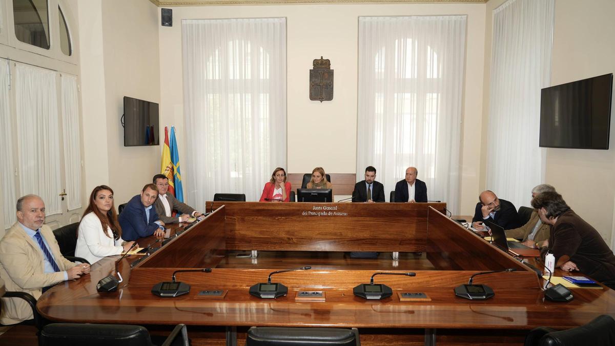 Los integrantes de la comisión de investigación del accidente en la mina de Cerredo, este mediodía en la Junta.