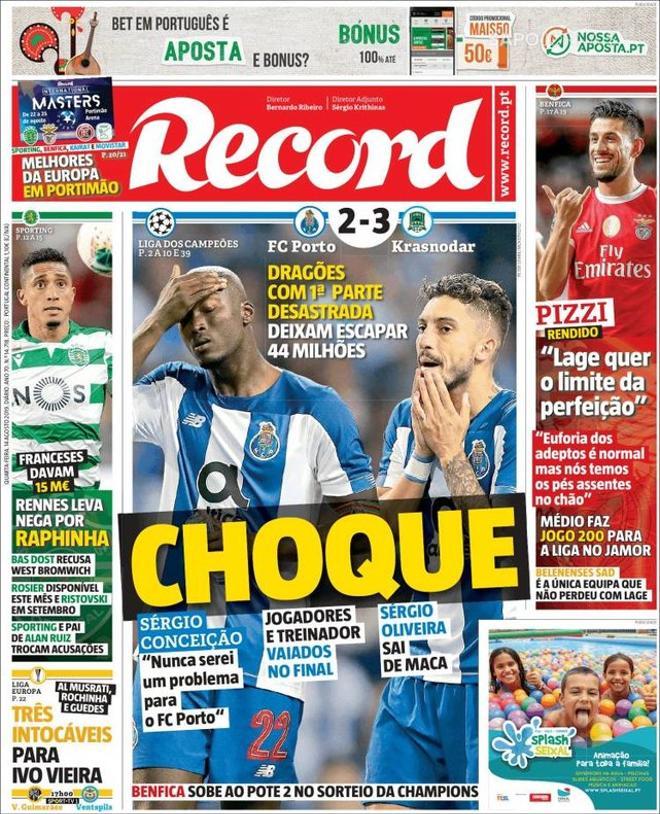 Portada de Record del 14 de agosto