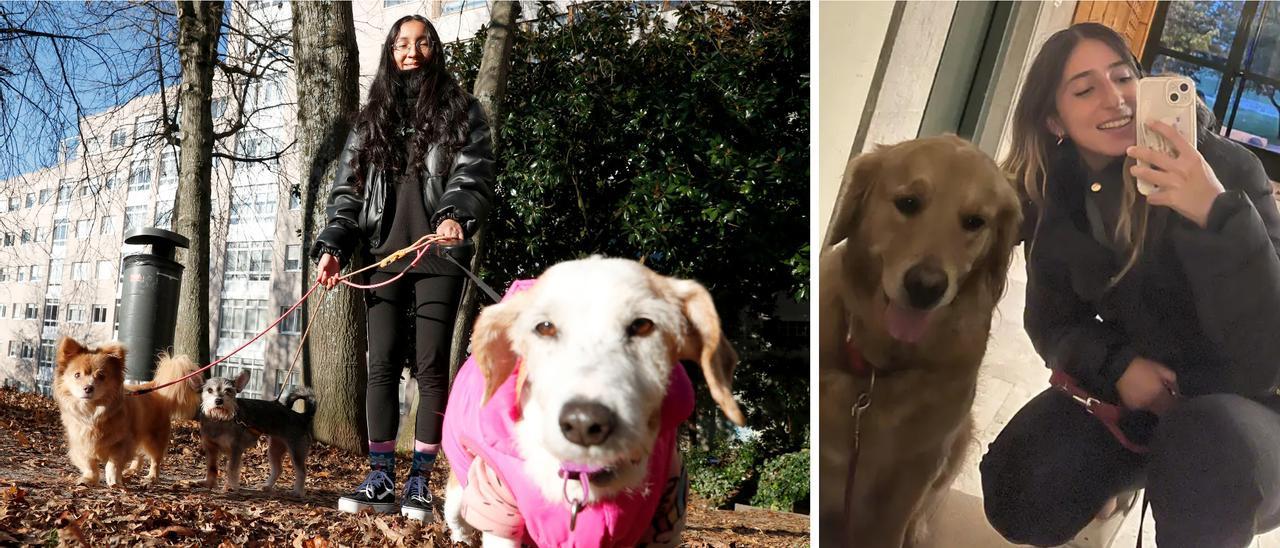 Michelle Sanguino pasea a sus dos perras y a otra que aloja en su propia casa. Ainhoa Marconi, junto a una de las mascotas que ha cuidado.